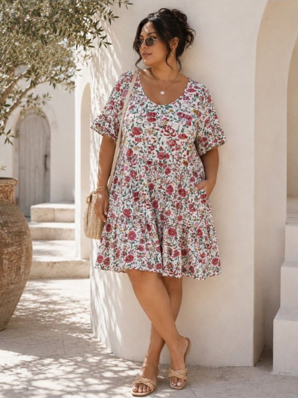 April Cornell Pink Green Floral Midi Dress Print Prairie Boho Large Summer Chic